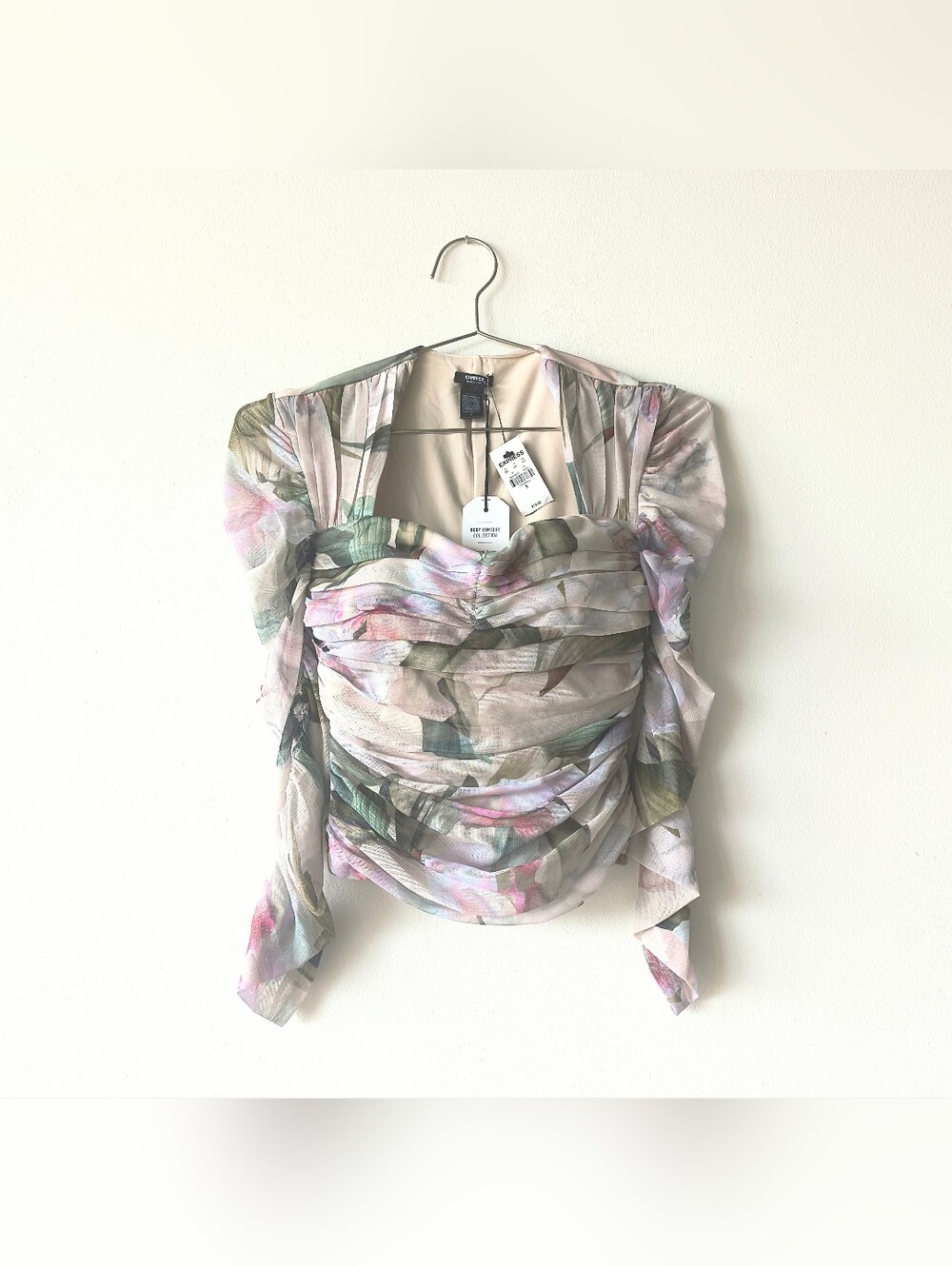 Express Floral Ruched Long-Sleeve Top Pastel Pink & Green